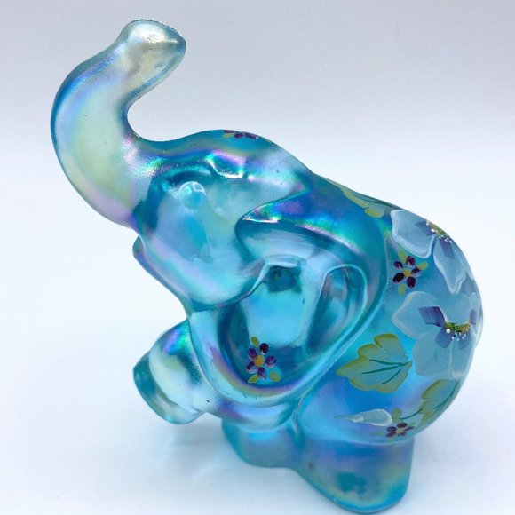 Signed Fenton Hand painted Floral BLue iridescent Topaz Elephant 3.75 x4" Mint